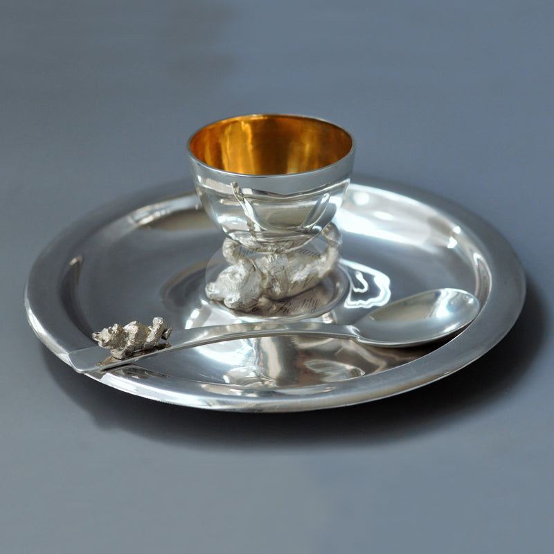 STERLING SILVER EGG CUP GIFT SET - SPECIAL NAME TED'S BREAKFAST TREAT