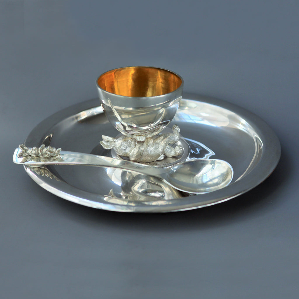 STERLING SILVER EGG CUP SET FEATURING A RABBIT